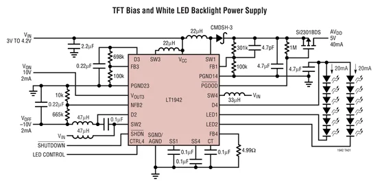 LT1942EUF LT1942 - Quad DC/DC Converter for Triple Output TFT Supply Plus LED Driver | Электроника