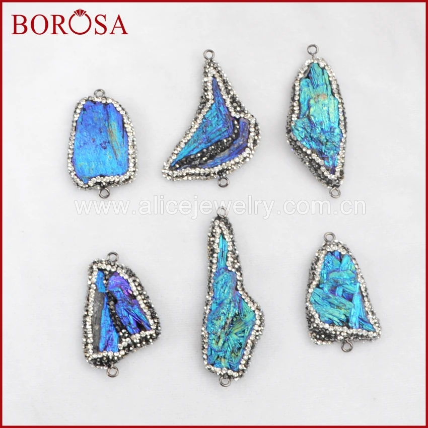 

BOROSA New arrival 5pcs Silver Color Rough Titanium Blue Color Natural Black Tourmaline Connector Paved Zircon JAB259