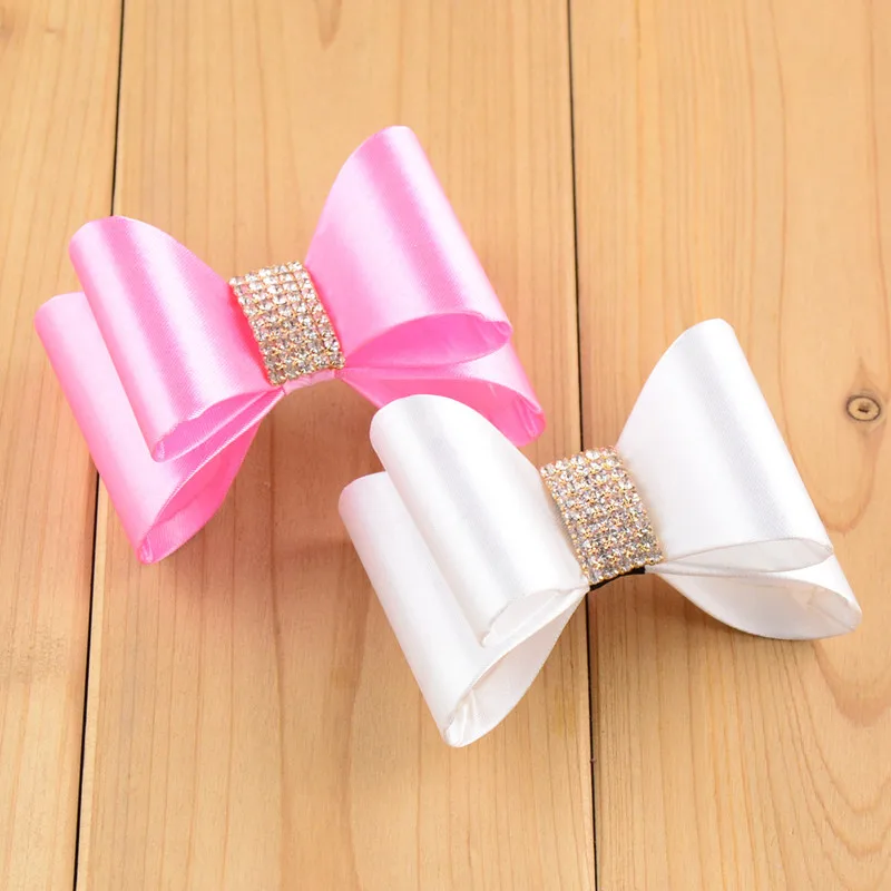 

50pcs/lot 3.2" 16colors Newborn Luxe Flower Bows With Rhinestone Button Handmade Hard Satin Bow For Baby Girls Hair Accessories