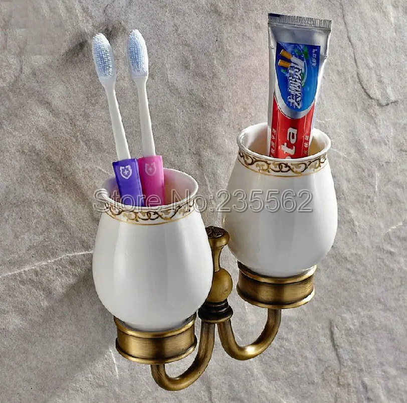 

Antique Brass Bathroom Double Cup Holder Wall Mounted Toothbrush Cup Holder Bathroom Accessorie lba495
