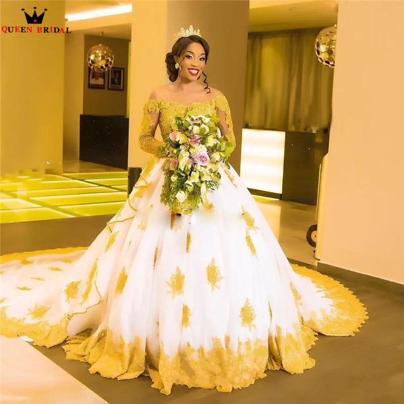 

2022 New Fashion A-line Full Sleeves Off the Shoulder Tulle Lace Beaded Elegant Vintage Wedding Dresses Vestido De Noiva KA05
