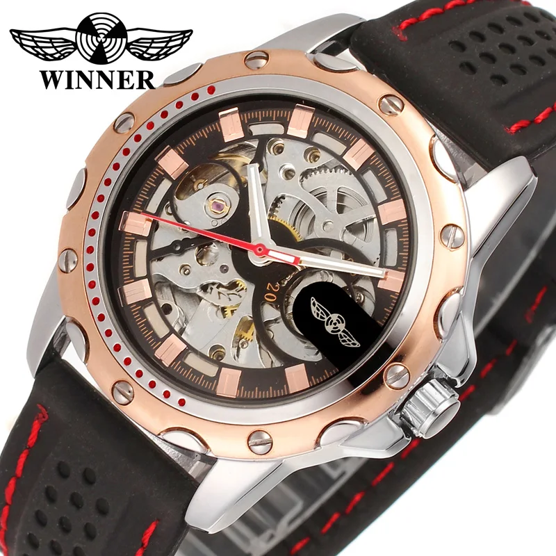 WINNER WRG8027M3T3 Automatic fashion dress wristwatch rose gold watch silicone strap for men hot selling free shipping | Наручные часы