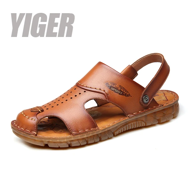 yellow brown sandals YIGER/мужские сандалии; пляжные шлепанцы; Новинка; летние мужские повседневные сандалии из натуральной кожи с нескользящей подошвой; шлепанцы для отдыха и улицы; 332 - Цвет: yellow brown sandals