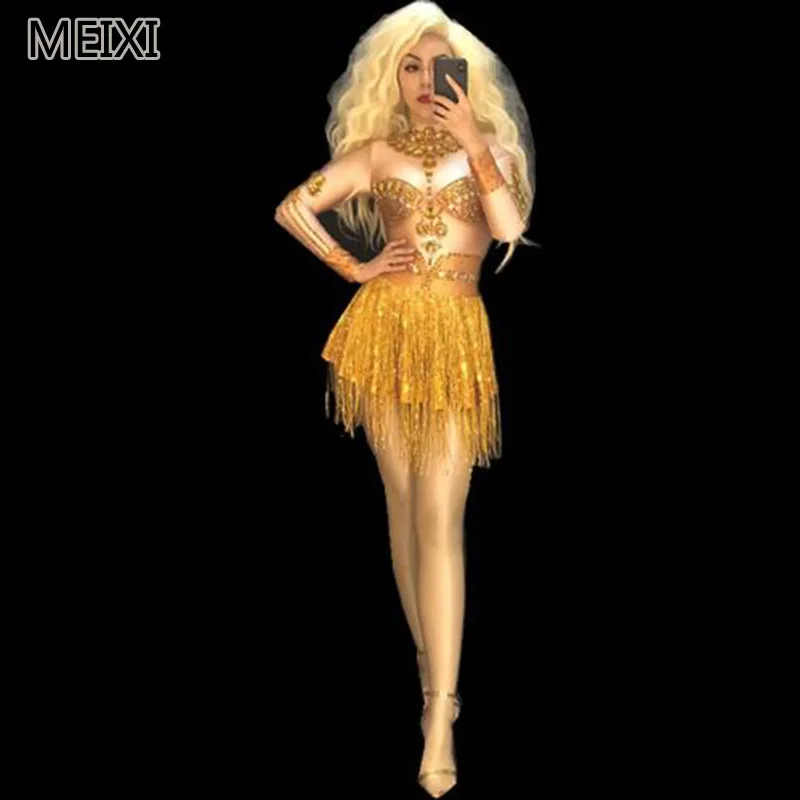 

Super sexy shiny gold apron tassel diamond rhinestone elastic dress bar nightclub concert singer dancer costume
