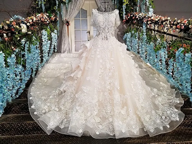Champagne Backlake Vestido de Noiva Casamento Прозрачное платье с короткими рукавами и кружевами вечернее платье с бисером и бантом кружевное свадебное платье Настоящее - Цвет: Champagne