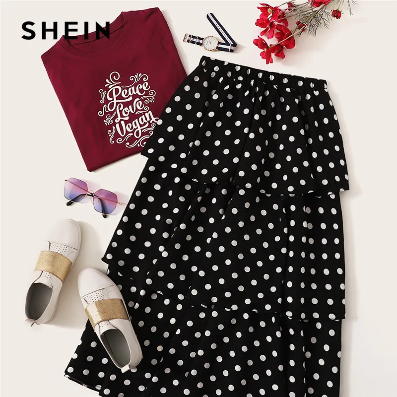 SHEIN Юбка С Оборкой В Горошек Женская Черная Демисезонная Юбка, Повседневная Длинная Юбка