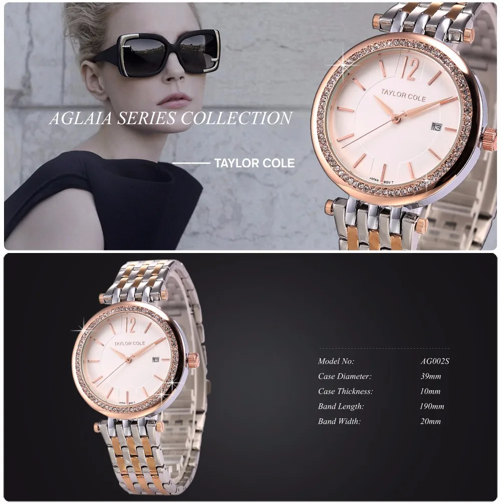 Taylor Cole Luxury Brand Date Display Stainless Steel Bracelet Strap Relogio Crystal Rhinestones Women Quartz Dress Watch/ TC013