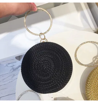 black Круглый соломенный мешок сумки женские летние плетеная Сумка из ротанга ручной работы Тканые Пляжные круг Богемия вечерние свадебные вечерние сумки - Цвет: black