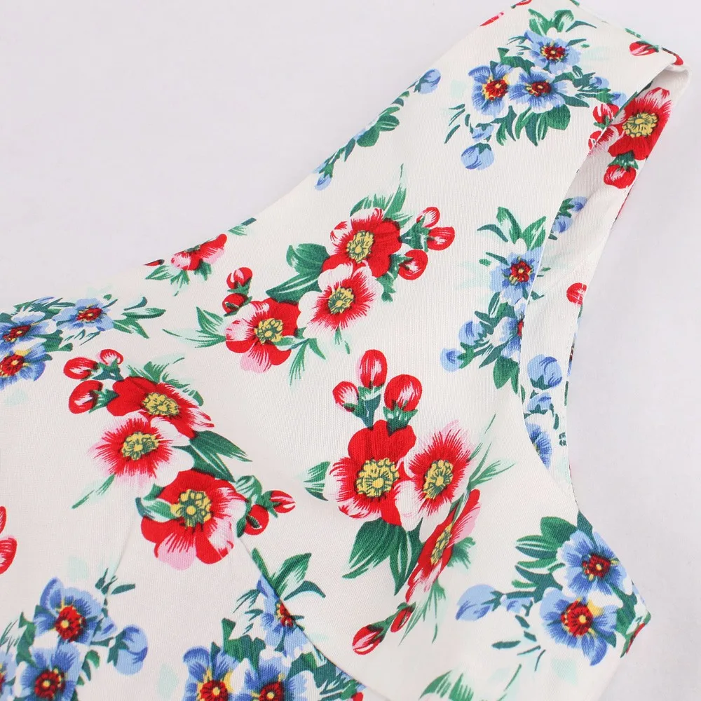 Ретро Лидер продаж Винтаж платье Для женщин Vestidos Цветочный принт Винтаж вечерние платье без рукавов и с v-образным вырезом в стиле пин-ап летнее платье с карманами