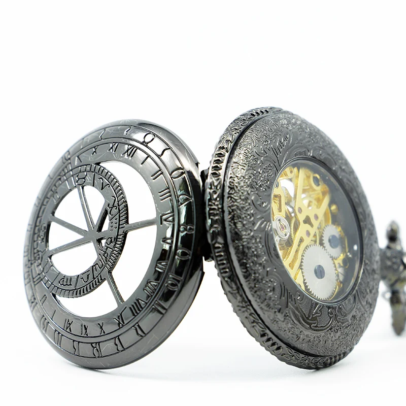 Antique Black Guide Instrument Embossed Skull Handwind Mechanical Pocket Watch Vintage Steampunk Pendant Accessories Men's Clock