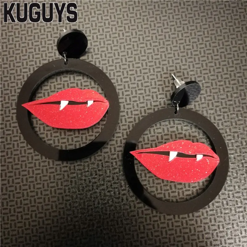 KUGUYS Fashion Jewelry Gothic Round Drop Earrings for Women Acrylic Red Lip Vampire Accessories | Украшения и аксессуары