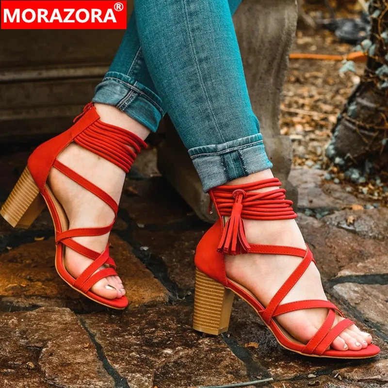 Женские босоножки гладиаторы из флока MORAZORA черные или белые вечерние большие
