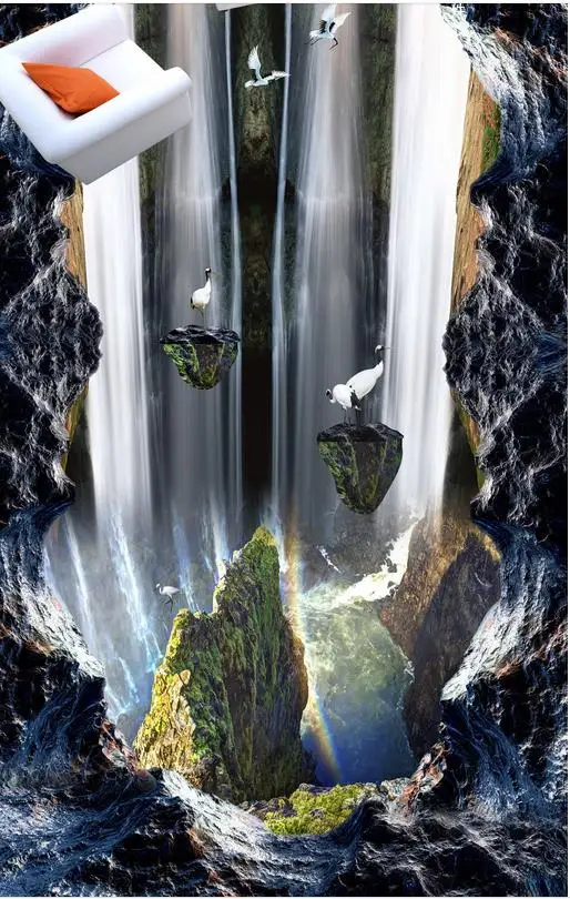 Custom 3D Painting Floor Wallpaper PVC Adhesive Cave Waterfall Scenery Flooring Modern Mural | Обустройство дома