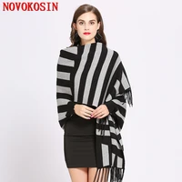 sc223 2018 oversize tassel scarf winter knitted poncho women striped designer cardigan female bat sleeves wrap two color shawl