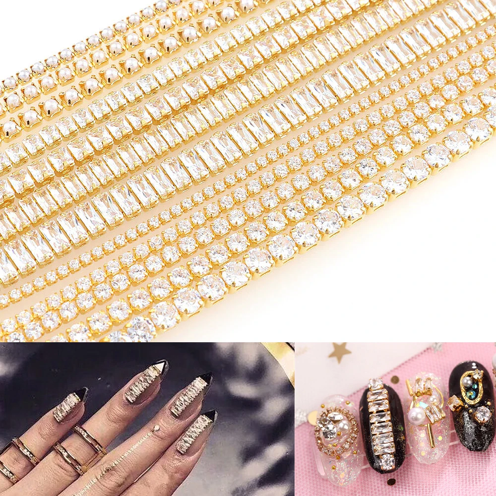 

10CM Mix Sizes New Nail Zircon Chain Nail Art Gold Edge Diamond Chain Imtation Pearl Zircon Phototherapy Nail Art Decoration Tip