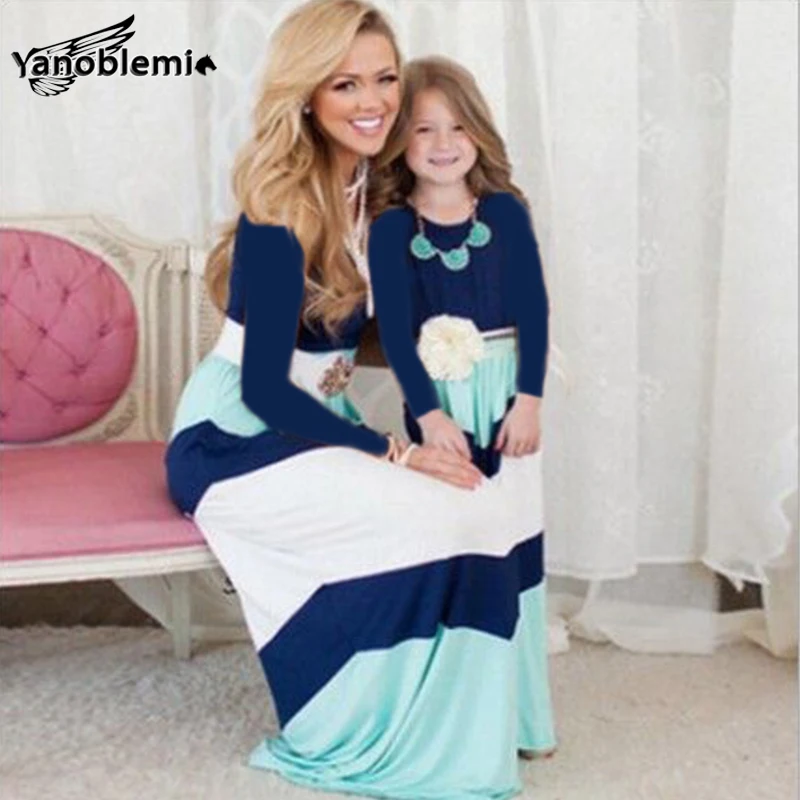 Весенне-осенние платья для мамы и дочки одежда в полоску с длинными рукавами