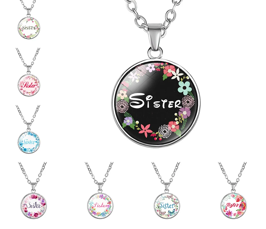 10PC Sister Flower Necklace Jewelry Charms Glass Cabochon Sisters Necklaces Handmade Pendant Women Men Girl Gifts | Украшения и