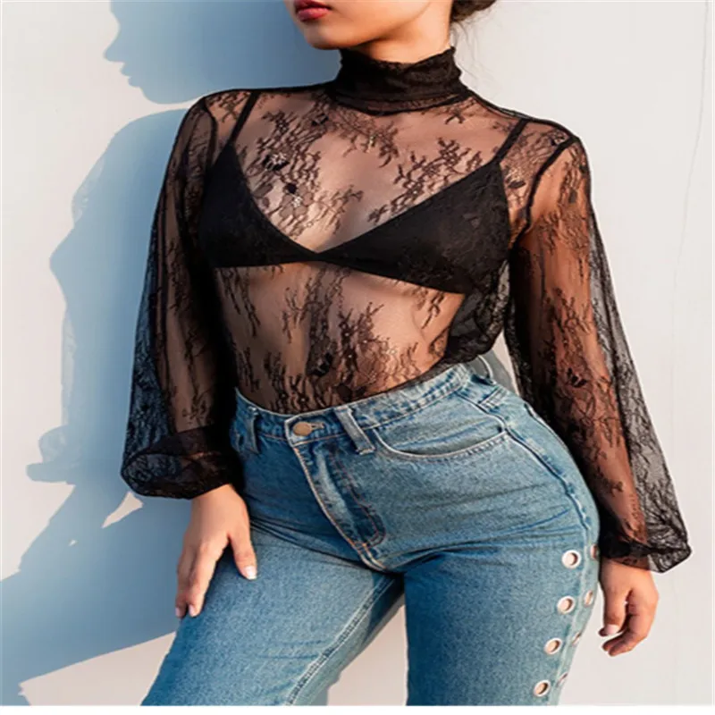 Сексуальная Женская Кружевная футболка с длинным рукавом высоким вырезом