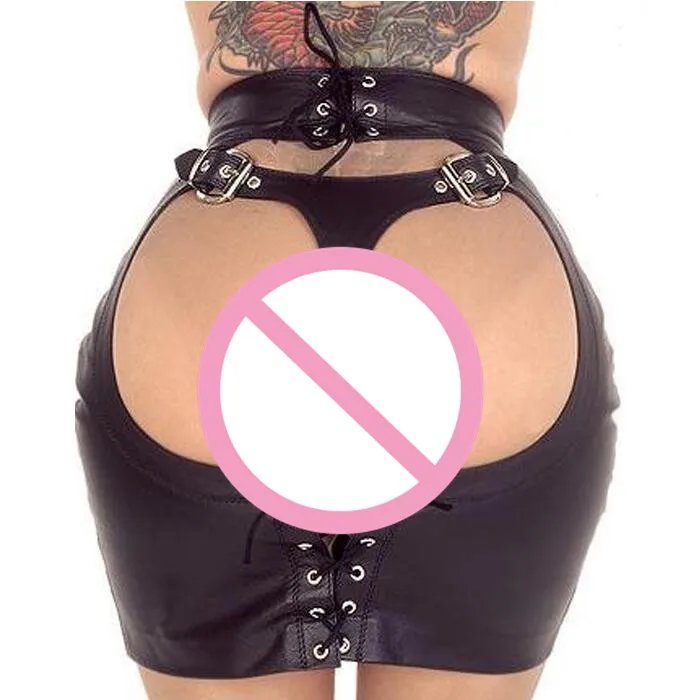 

Adult Sexy Black Faux Leather Open Butt Bondage Spanking Skirt Exotic Lingerie