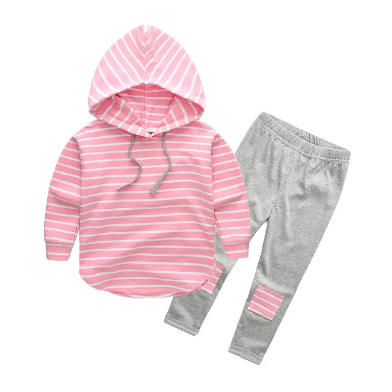 Осенний Новый Детский костюм для девочек полосатый с длинным рукавом капюшоном