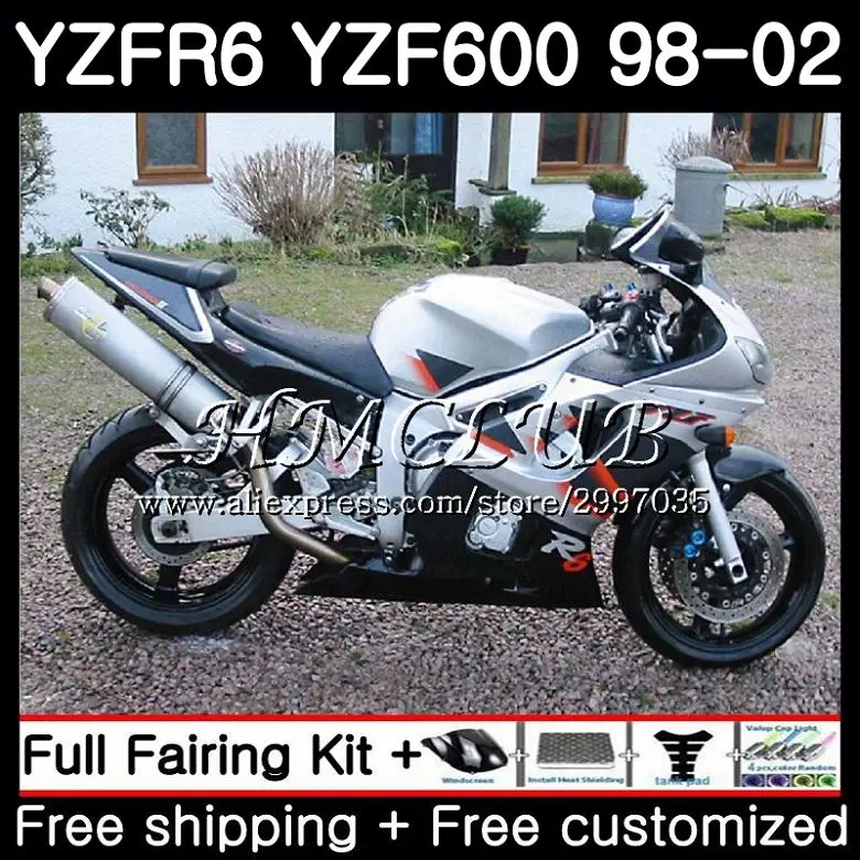

Bodys For YAMAHA YZF600 YZF R6 1998 1999 2000 2001 2002 13HC.17 YZF 600 YZF-R6 YZF-600 YZFR6 Silver black 98 99 00 01 02 Fairing