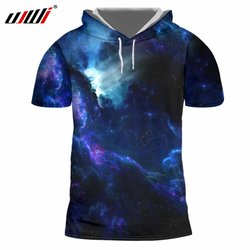 Мужская футболка с капюшоном UJWI голубая Повседневная 3D принтом Галактики в стиле