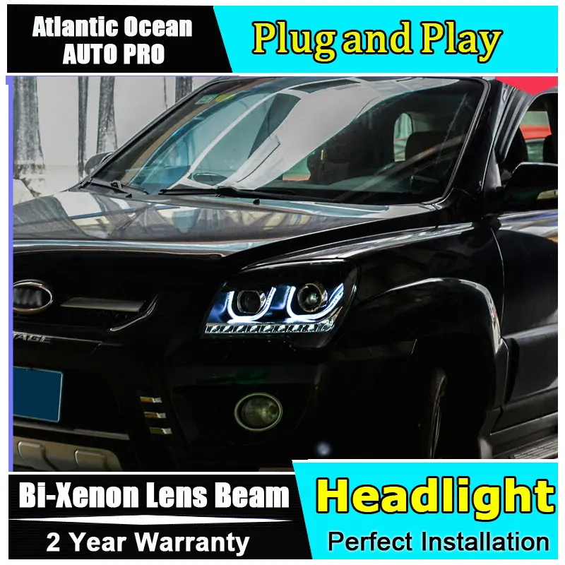 

car styling For KIA Sportage headlights U angel eyes 2007-2013 For KIA Sportage head lamp Bi-xenon Double lens HID kit led drl