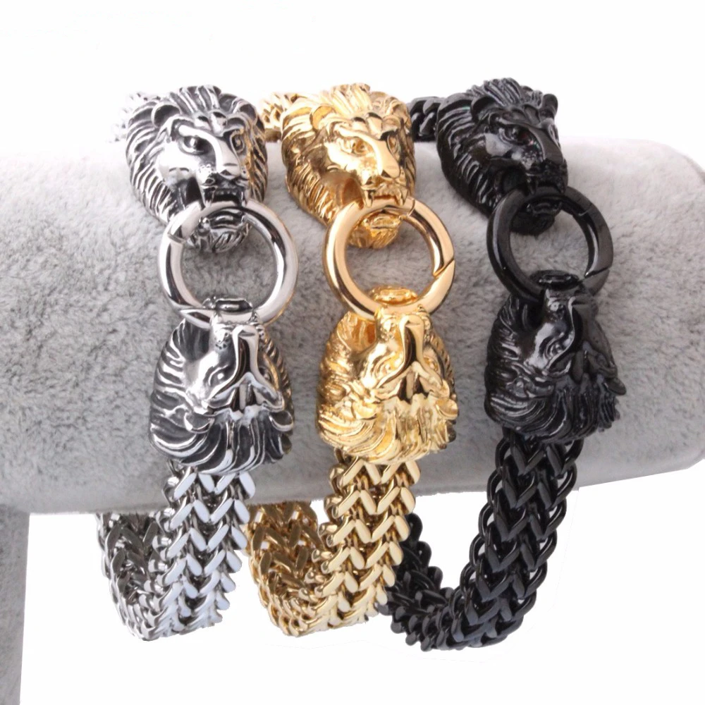 

12mm Stainless Steel Figaro Rolo Chain Lion Head Clasp Men's Cuff Jewelry Silver Color Gold Color Black Color Bracelet 8.66"