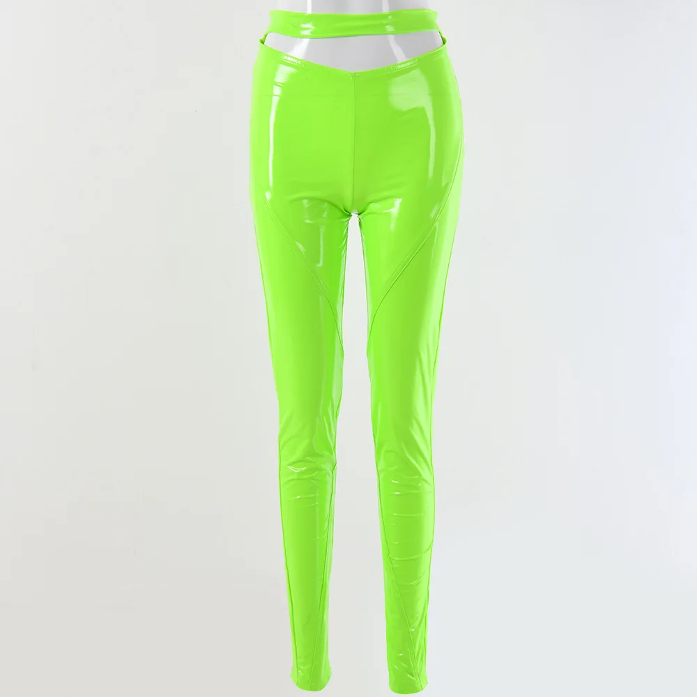 Green InstaHot PU Leather Pencil Pants Reflaective Elastic Waist 3 Colors Women Autumn Skinny Legging Trousers Streetwear Glamorous - Цвет: Green