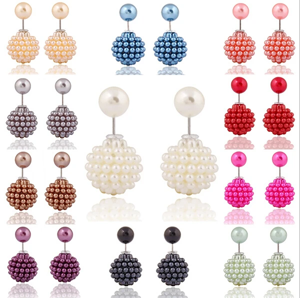 Fashion Hot Selling Women Light Green Pearl Beads Double Sided Two Ball Earrings Ear Studs Jewelry Silver Plated Free Ship |