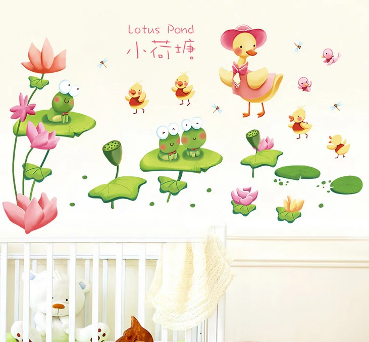 Наклейки на стену с зеленым прудом маленькие утки животные декор для детской