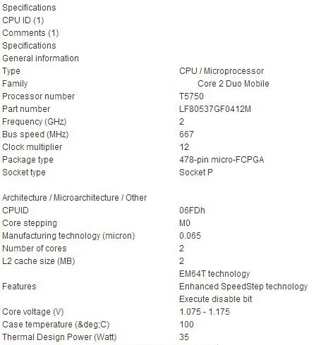 Ноутбук intel cpu Core 2 Duo T5750 cpu 2M cache/2,0 GHz/667/двухъядерный процессор Socket 479 для ноутбука GM45/PM45