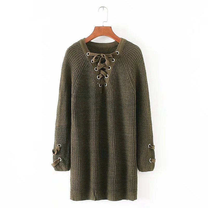 V Neck Korean Style Women Sweater Lace Up Knitted Pullover Long Sleeve Loose Winter Jumper | Женская одежда