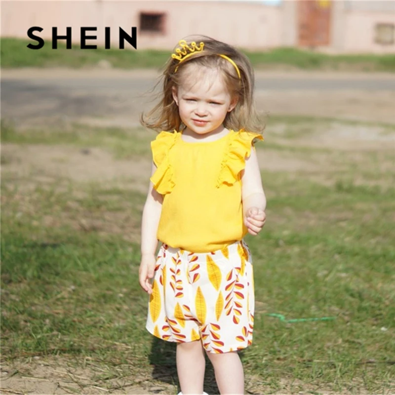 SHEIN/детская блузка для маленьких девочек с оборками и шорты с принтом растений; детская одежда; коллекция года; Летние Праздничные комплекты одежды в стиле бохо