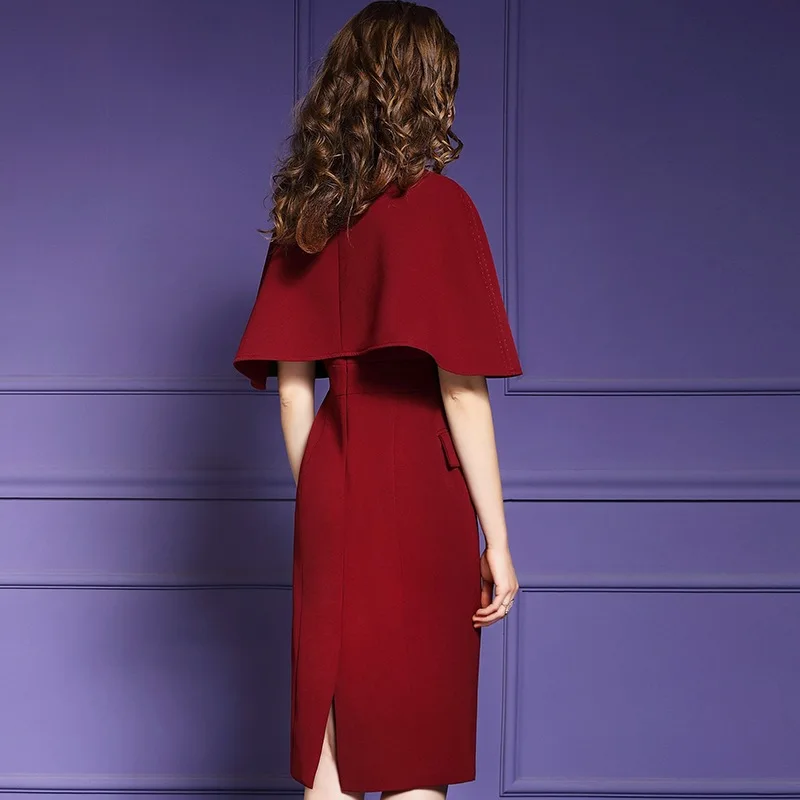 Офисное женское платье с накидкой весна 2019 новое однотонное карандаш