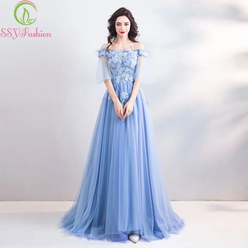 Женское вечернее платье SSYFashion Элегантное синее кружевное в пол 2019|Вечерние