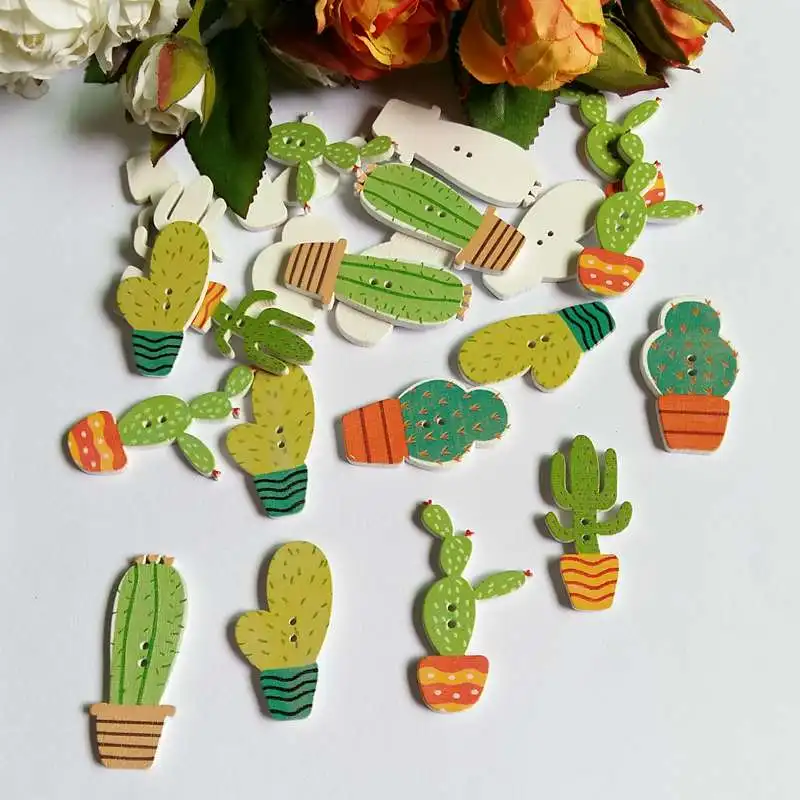 

50Pcs Wooden Buttons Mixed Potted cactus 2 Holes decorativos Buttons Scrapbook Sewing Accessories Buttons Needlework botoes