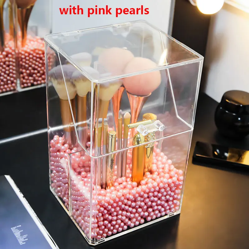 with pink pearls Акриловые кисти для макияжа, органайзер, контейнеры для хранения, шкатулка для украшений, акриловый Органайзер для макияжа, безопасный контейнер для хранения - Цвет: with pink pearls
