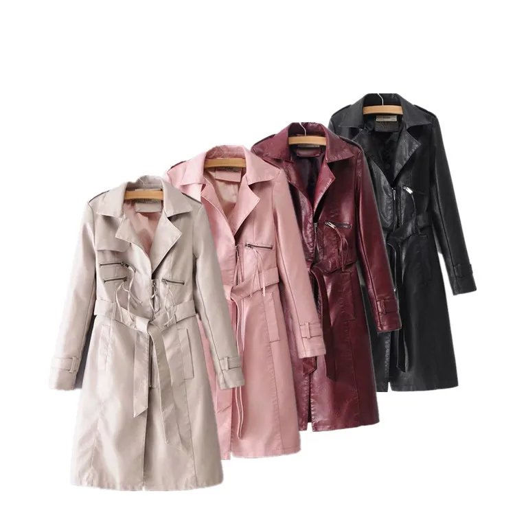 Zipper Turn-collar Pu Leather Jackets Coat Women Autumn Long Sleeve Mid-length Motorcycle Parkas with Sash Casual Jacket Outwear | Женская