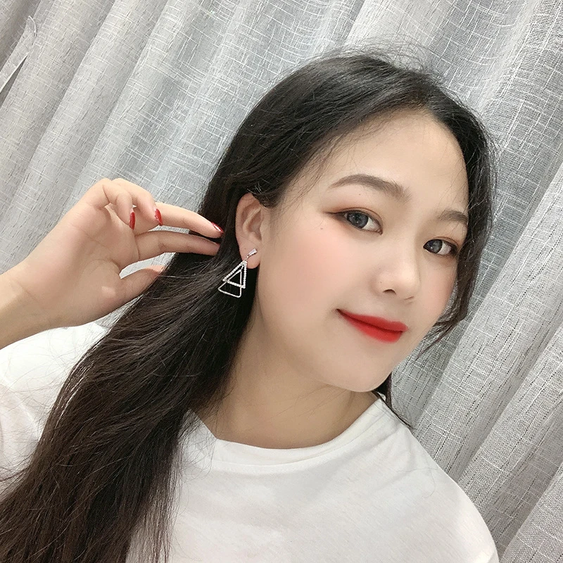 

DREJEW Silver Triangle Rectangle Rhinestone Statement Earrings Christmas 925 Alloy Drop Earrings for Women Wedding Jewelry E8741