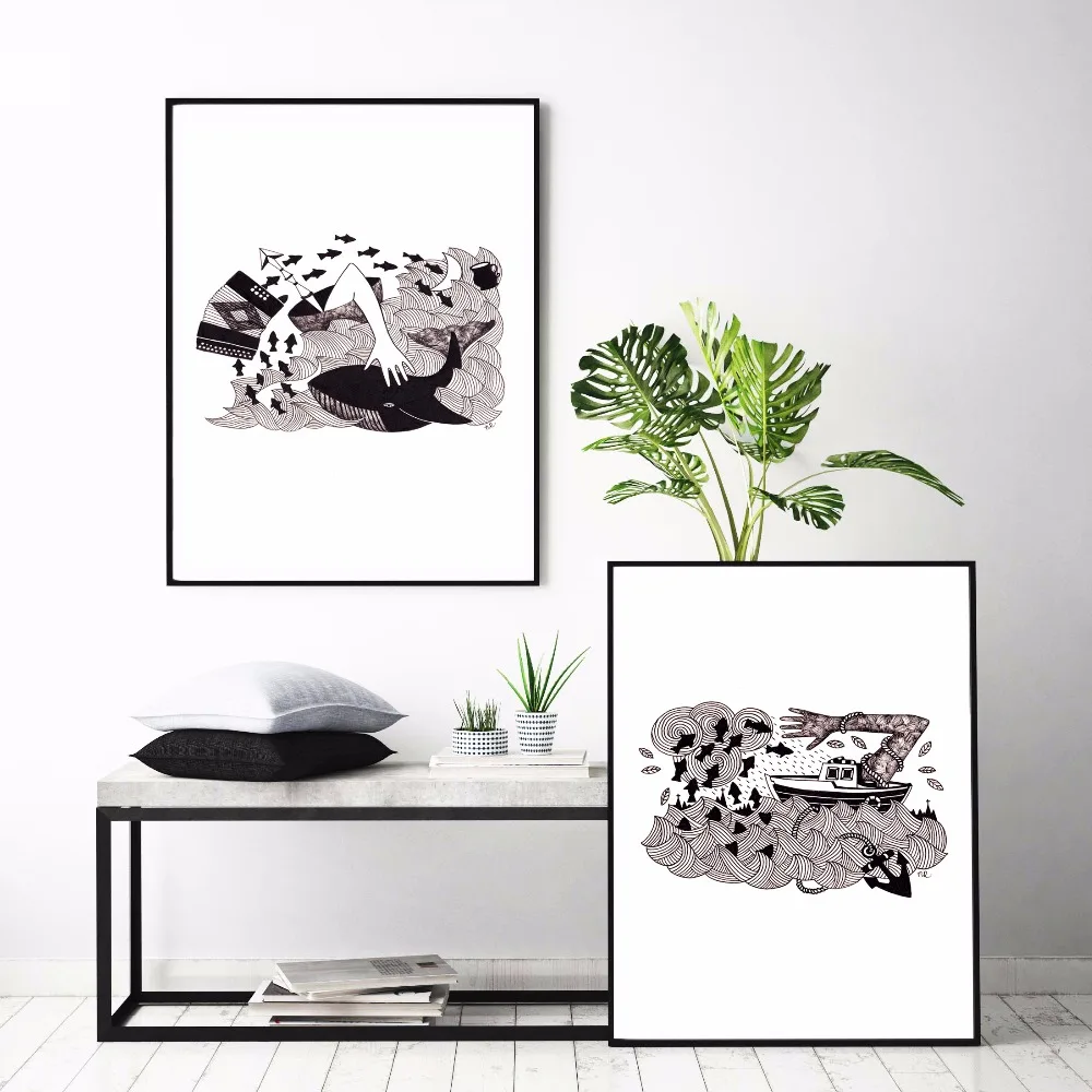 Черно белая Иллюстрация на холсте Художественная печать постер настенные