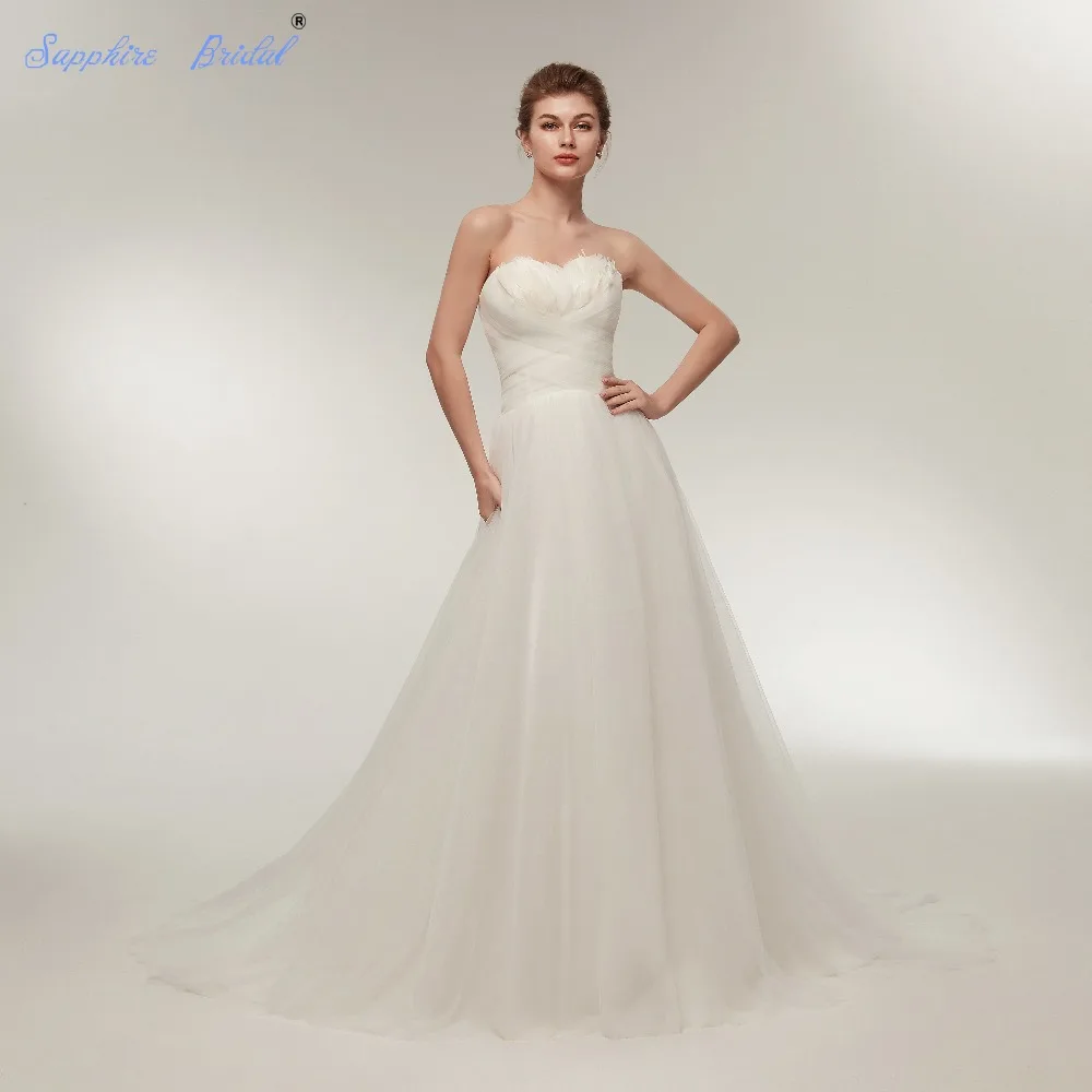 

Sapphire Bridal Simple Bridal Gowns White Ivory Strapless Lace Up A Line Beach Wedding Dress Feather Pleated Tulle Custom Made