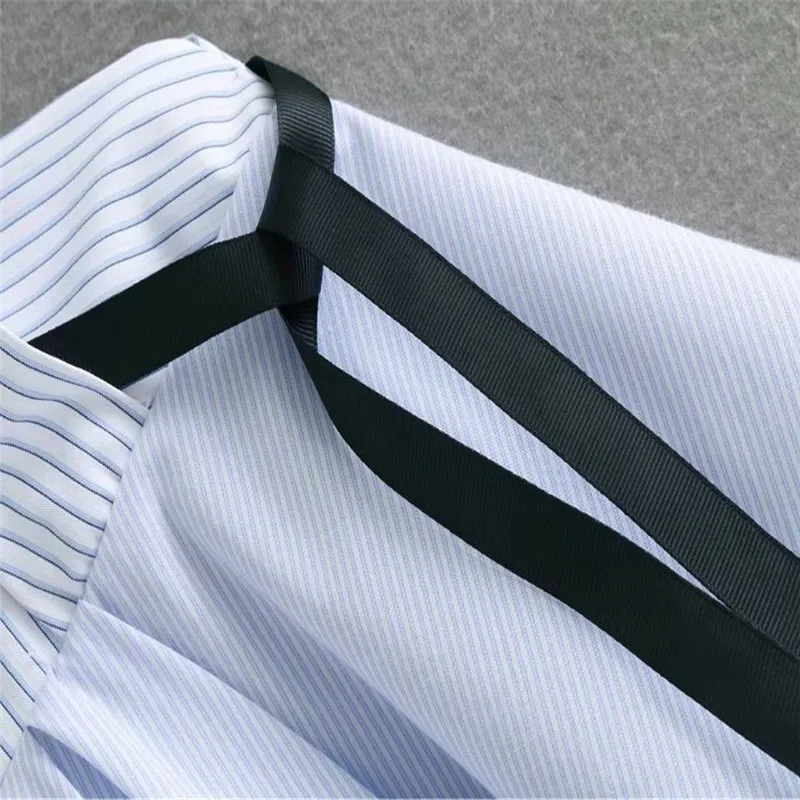 Милая плиссированная баска полосатый сорочка на бретелях Женщины топы с длинным