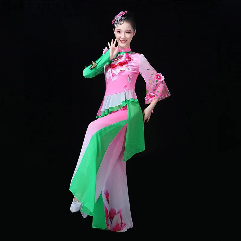 

Оптовая продажа китайский веер для танцевального костюма китайский воротник Yangko танцевальный костюм бабочка цветок танцевальная одежда 3XL...