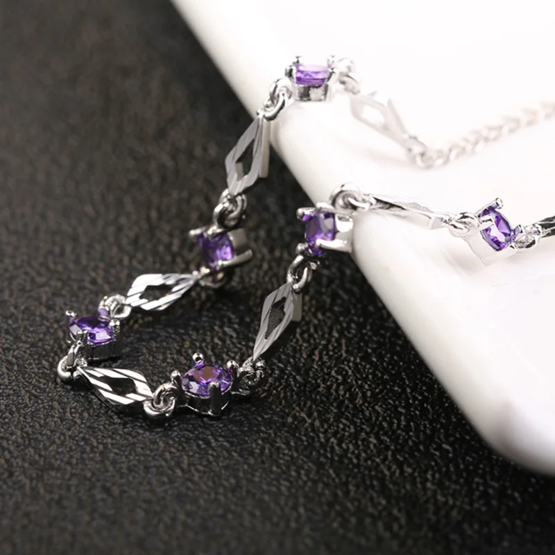 OMHXZJ Wholesale Personality Fashion OL Woman Gift Silver Geometric White Purple Zircon Chain 925 Sterling Bracelet BR48 | Украшения и