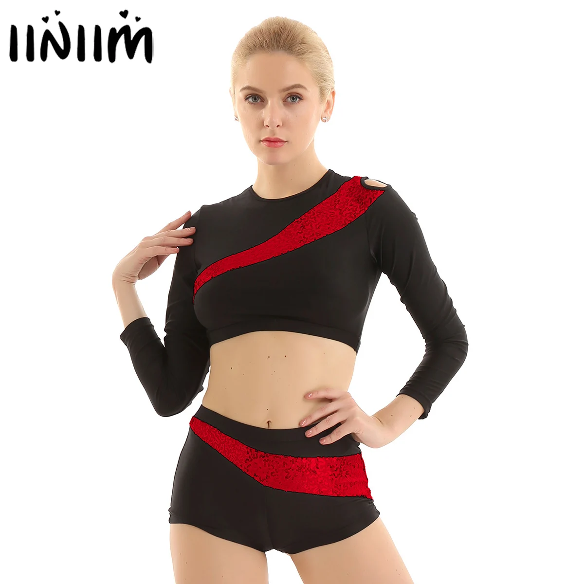

iiniim Womens Shiny Sequins Squad Dance Team Costumes Outfit Dancewear Adult Ballerina Gymnastics Crop Top with Tight Shorts