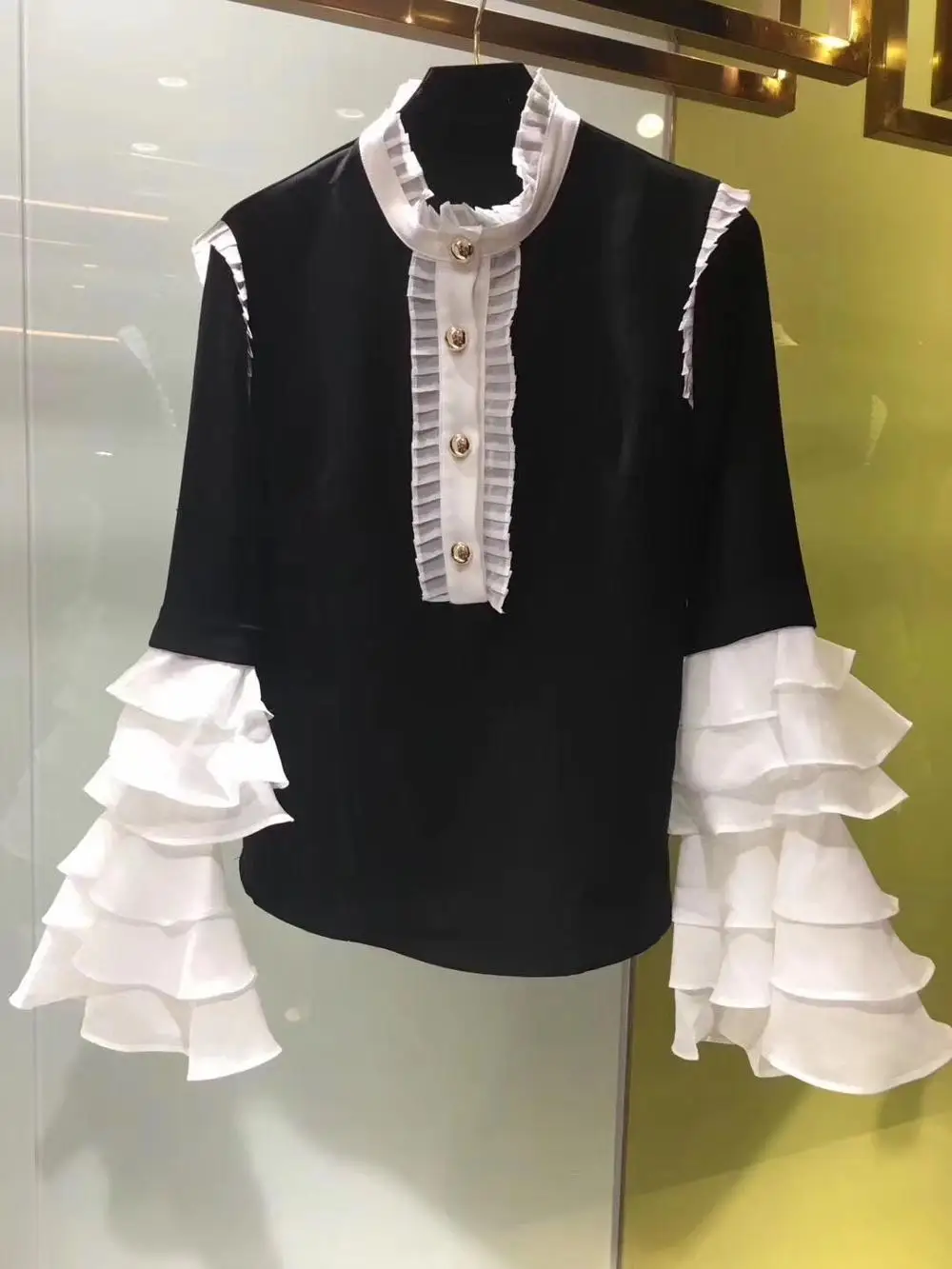 [NEW SALE] Women's Shirt Blouse Temperament Palace Elegant Fairy Hit Color Flounced Collar Trumpet Sleeve | Женская одежда