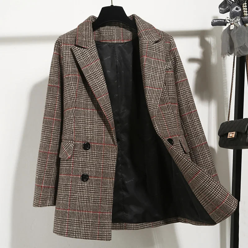 

Women's Plaid Wool Suit Jacket Female Korean Edition 2020 Spring New Medium Long Casual Plaid Small Suit Coat Jacket Autumn Wild