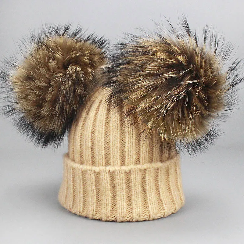 Khaki 2 pom Осенне-зимний комплект из шапки и шарфа с меховым помпоном для родителей и детей, женские вязаные шерстяные шапки-бини, шапки с помпоном из натурального меха - Цвет: Khaki 2 pom