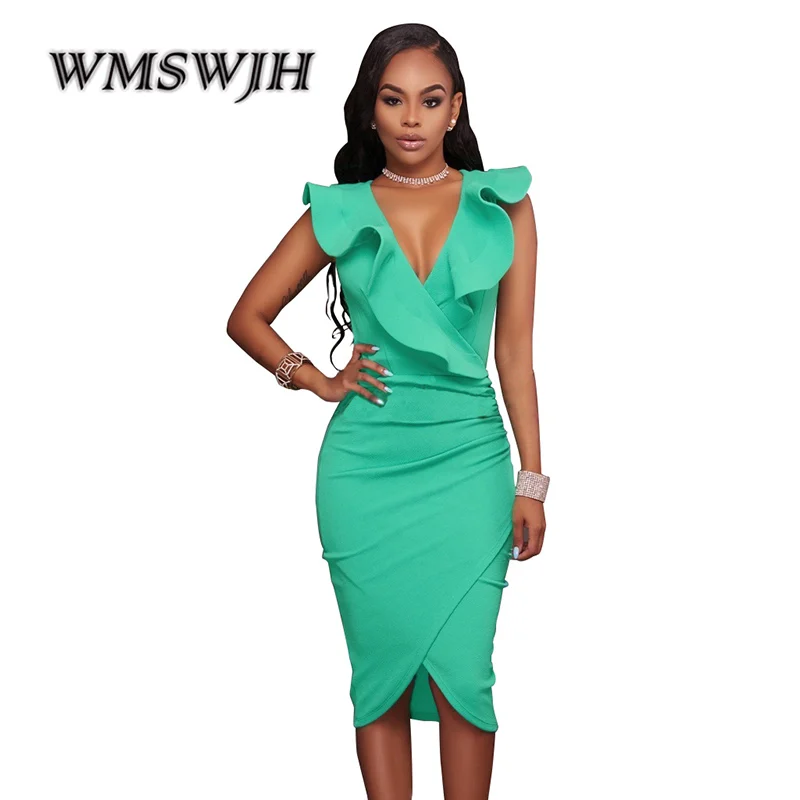 Сексуальное женское платье миди с оборками и глубоким v образным вырезом без